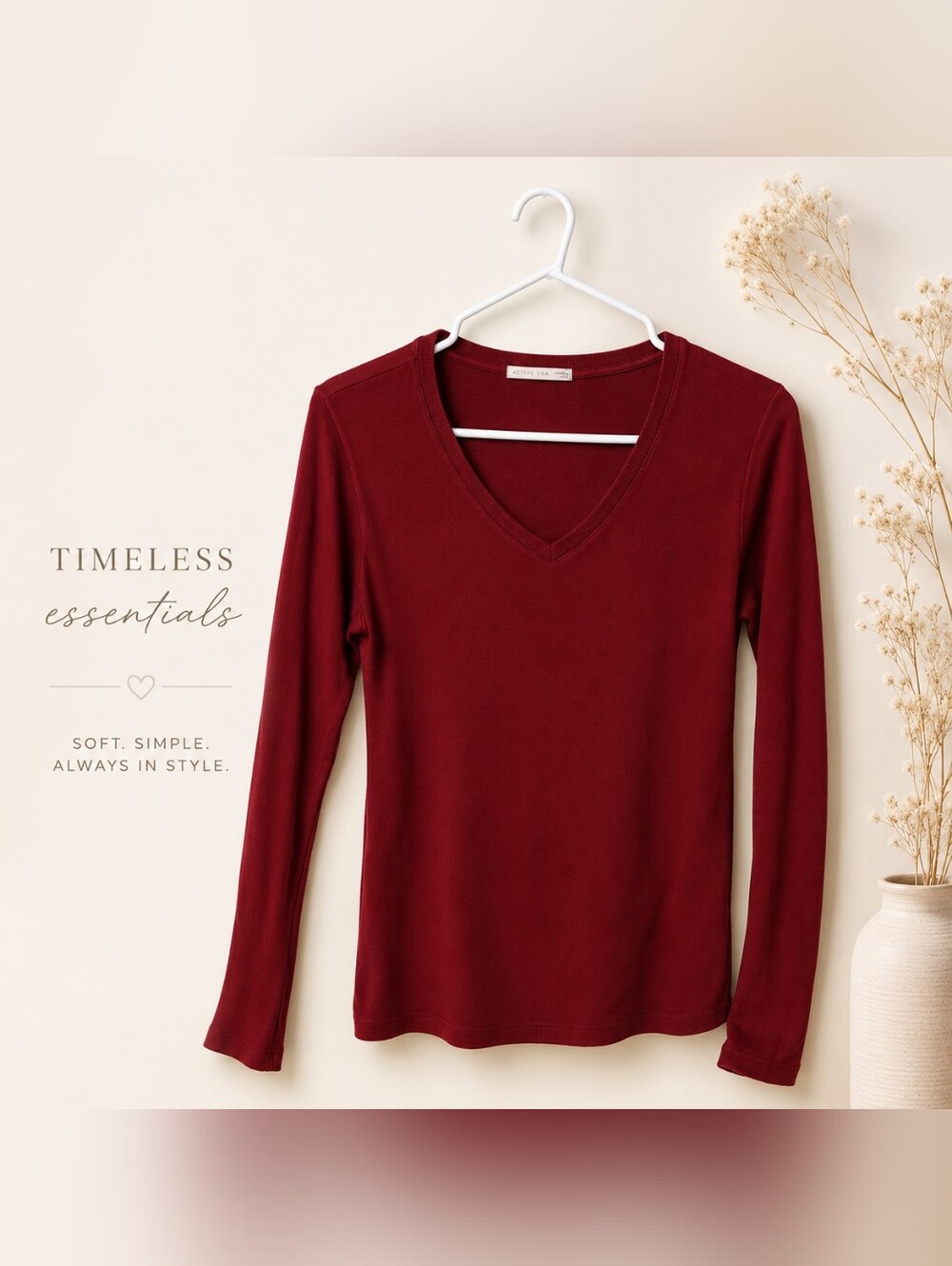 Active USA Burgundy V-Neck Long Sleeve Top Large